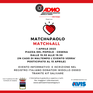 “MATCH4PAOLO – MATCH4ALL”  per trovare nuovi donatori di midollo osseo @ Piazza del Popolo | Cesena | Emilia-Romagna | Italia